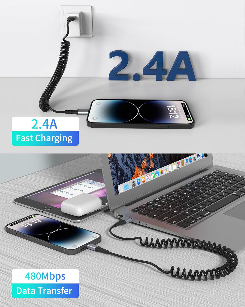 Coiled Lightning Cable, 2 Pack Retractable iPhone Charger Cord for Car, USB to Lightning Cable Fast Charging Compatible with iPhone 14 13 12 11 Pro Max Mini 10 8 Plus XR SE, AirPods