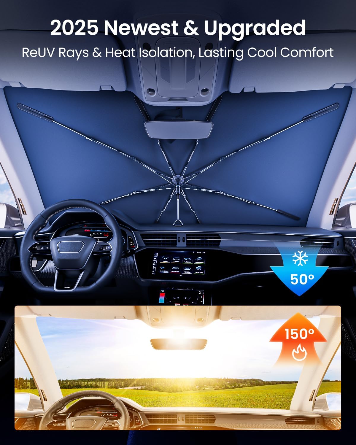 REEVAA 2025 Upgraded Car Windshield Sun Shade Umbrella [100% Sun Protection & Keep Cool] Protect Interior, 360° Flex Handle Sun Shield Sunshade, Large (61 * 33.5 in) for Large Truck