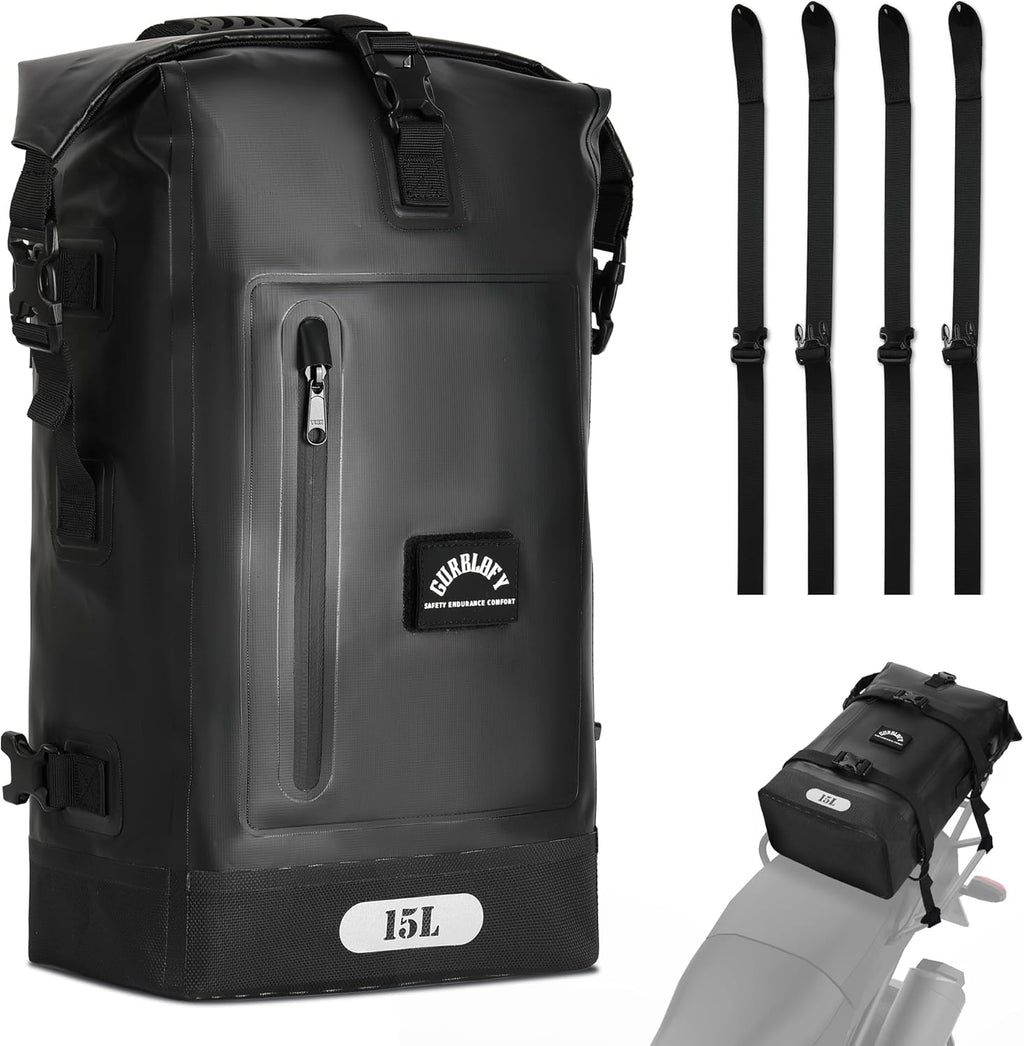 Motorcycle Tail Bag, 15L Waterproof Motorcycle Saddle Bag, 2 Size and 3 Color Options Travel Bag, PVC Luggage Bag, Rear Seat Bag, Classic Black GT-15BL