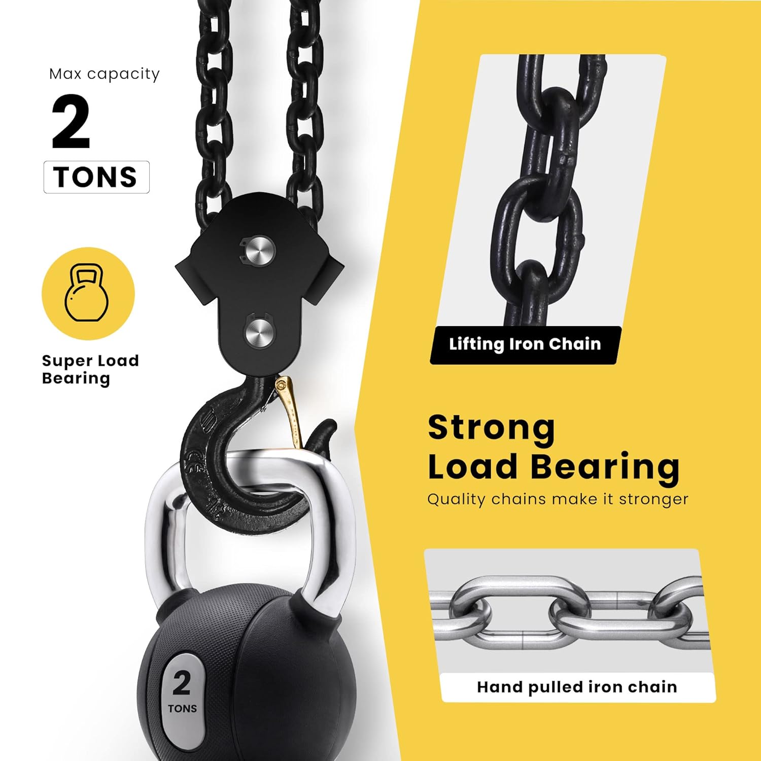 SPECSTAR Hand Chain Hoist 2 Ton 4400 Lbs Capacity 10 Feet with 2 Heavy Duty Hooks, Manual Chain Fall for Warehouse Building Automotive Machinery Yellow