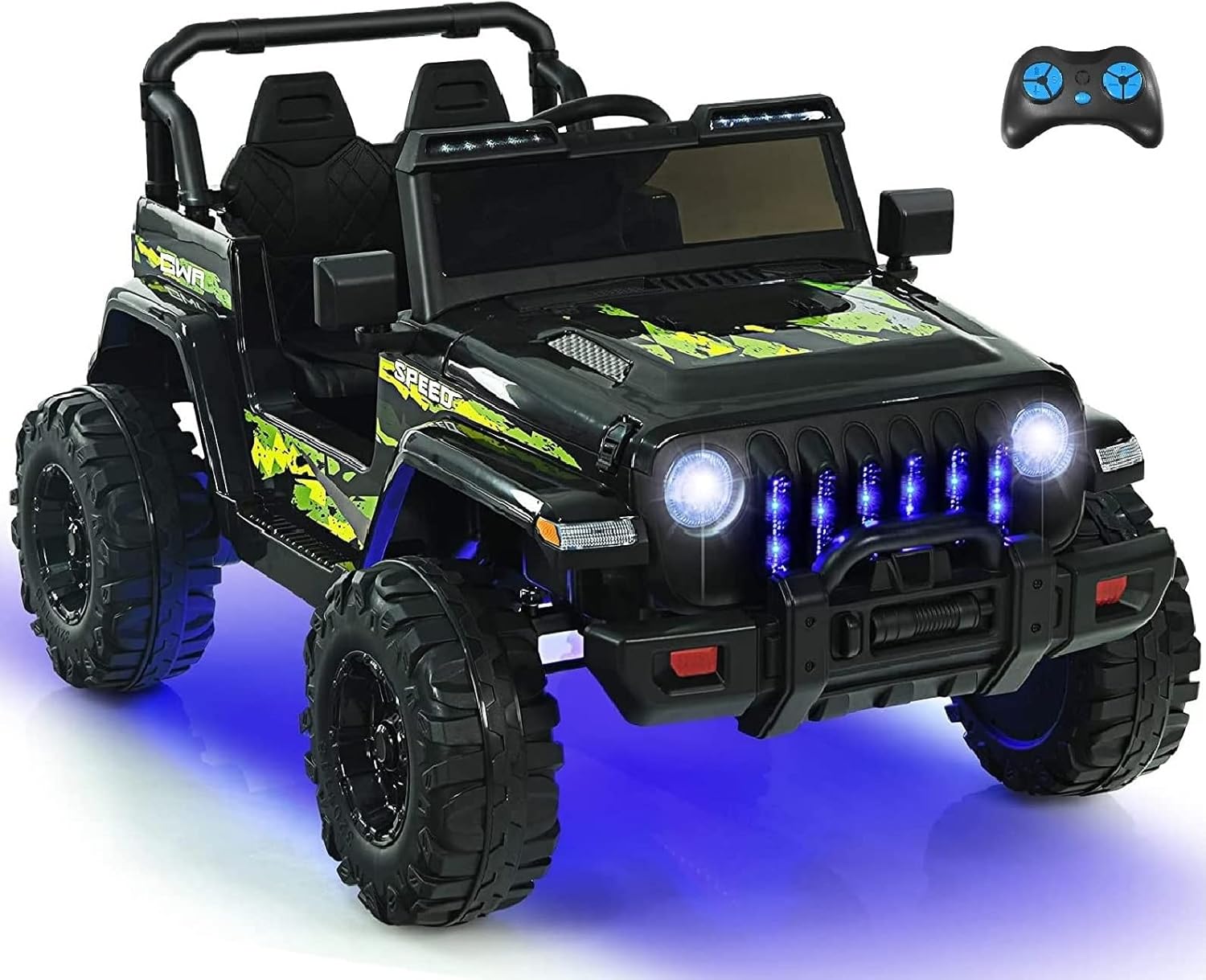 INFANS Kids Ride on Car Truck with 2.4G Remote Control, 12V Battery Powered Electric Cars for Kids w/3 Speeds, Battery Display, LED Lights, Safety Belt, Music & Horn, Bluetooth/FM/USB (Dark Black)