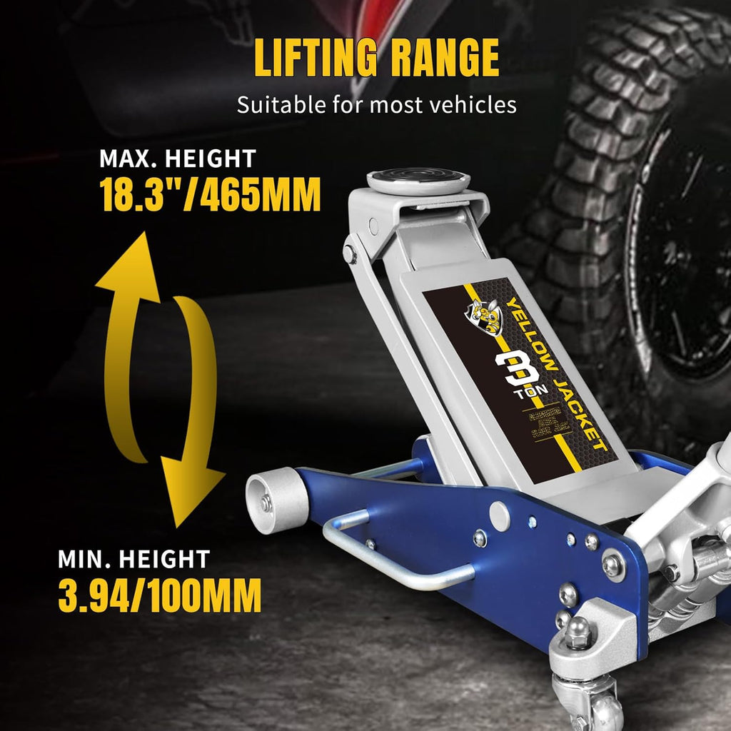 YELLOW JACKET Floor Jack 3 Ton Hydraulic Low Profile Aluminum and Steel Racing Car Jack with Fast Lifting Dual Pump for SUV,Truck, MVP,6600 lbs Capacity