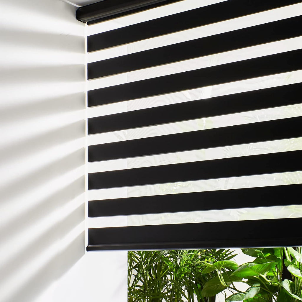 Persilux Cordless Zebra Blinds for Windows Free-Stop Roller Windows Shades (34" W X 47" H, Black) Dual Layer Light Control for Day and Night, Light Filtering Sheer Shades for Home, Easy to Install