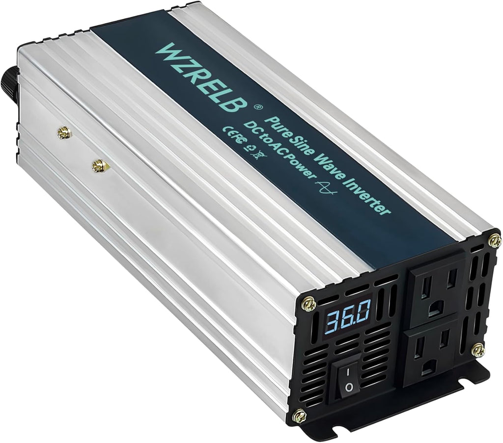 WZRELB 1200W Pure Sine Wave Inverter 36V DC to 110V 120V AC Power Converter with LED Display, Off-Grid Portable Power Inverter with 2 AC Outlets for Home, RV, Truck, Camping