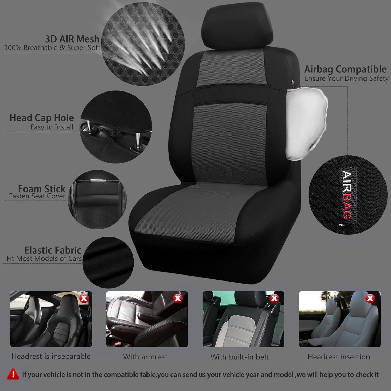 CAR PASS 3D Air Mesh Car Seat Covers Full Sets w/5mm Sponge, 4Pcs Waterproof Car Floor Mats, Steering Wheel Cover Universal Fit for SUV Sedan Truck, Airbag Compatible Automotive Interior(Black Gray)