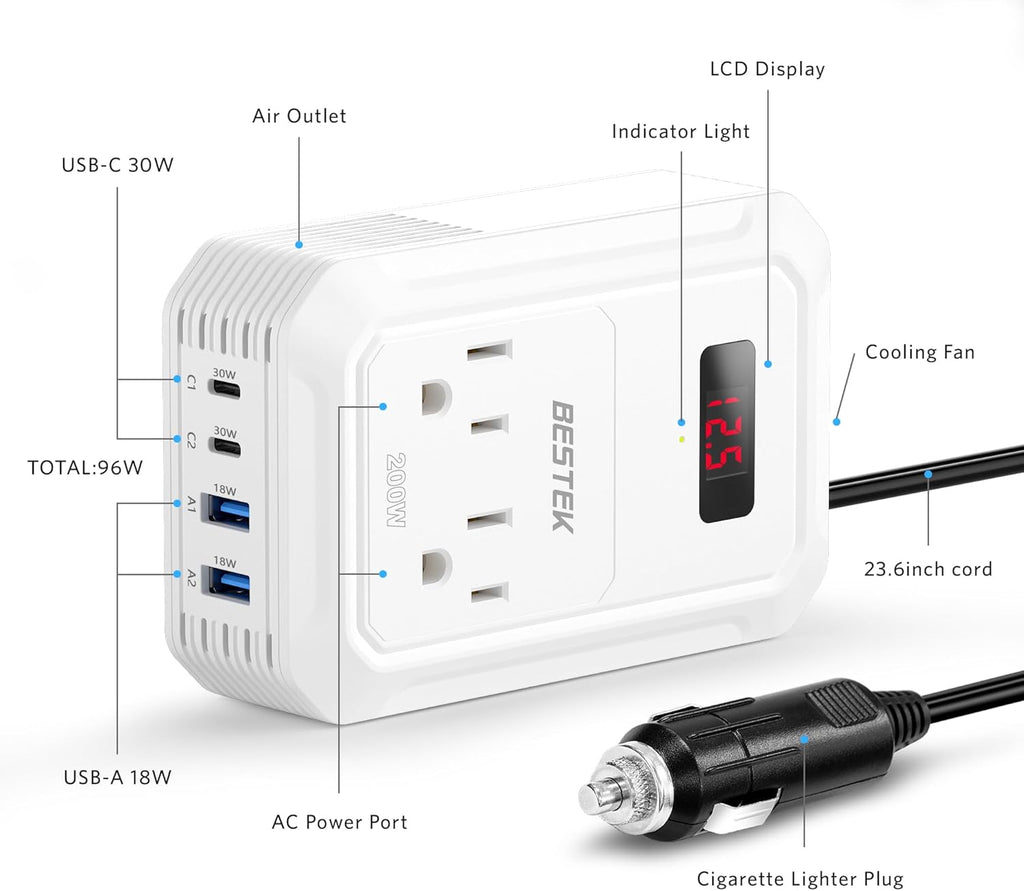 BESTEK 200W Car Power Inverter - DC 12V to 110V AC Converter with 2 USB-C(30W) and 2 USB-QC(18W) - Fast Car Charger Adapter with LCD Screen, Dual AC Adapter for Laptops