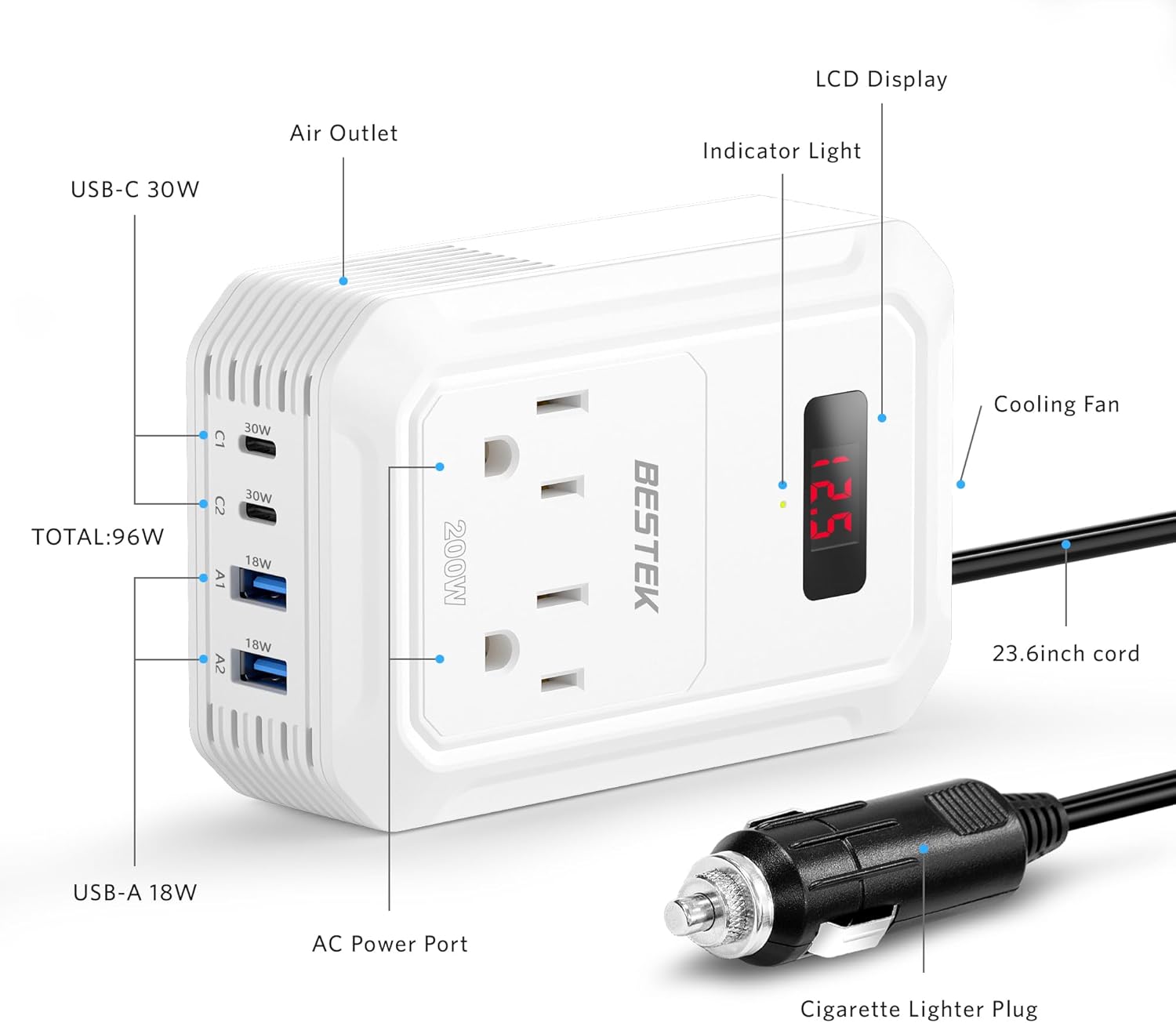 BESTEK 200W Car Power Inverter - DC 12V to 110V AC Converter with 2 USB-C(30W) and 2 USB-QC(18W) - Fast Car Charger Adapter with LCD Screen, Dual AC Adapter for Laptops