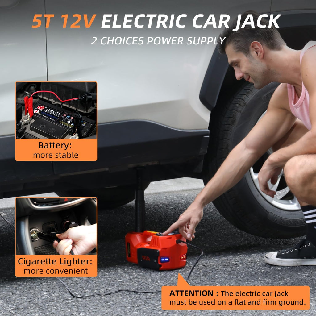 STANDTALL Electric Car Jack Kit 5 Ton 12V Hydraulic Jack Floor Jack with Impact Wrench and Tire Inflator Pump Lift with LED Light for SUV Sedan Truck Road Emergency Tire Change