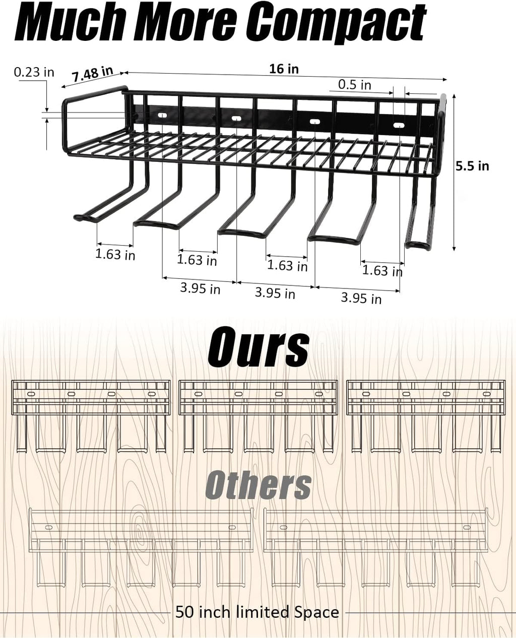 Heavy Duty Tool Organizer, 16"W x 7.48"H x 5.51"D, 4 Wall Mount Anchors, 3.95" Between Slots, Sturdy Steel Construction, Ideal for Power Tools