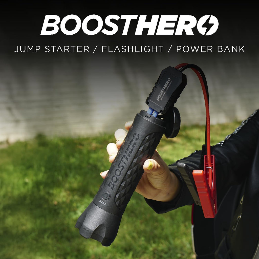 BoostHero Portable Car Battery Jump Starter, 6,000mAh Power Bank, LED Flashlight, with Smart Jumper Cables for up to 6.0L Gas/4.0L Diesel Engines (Black)