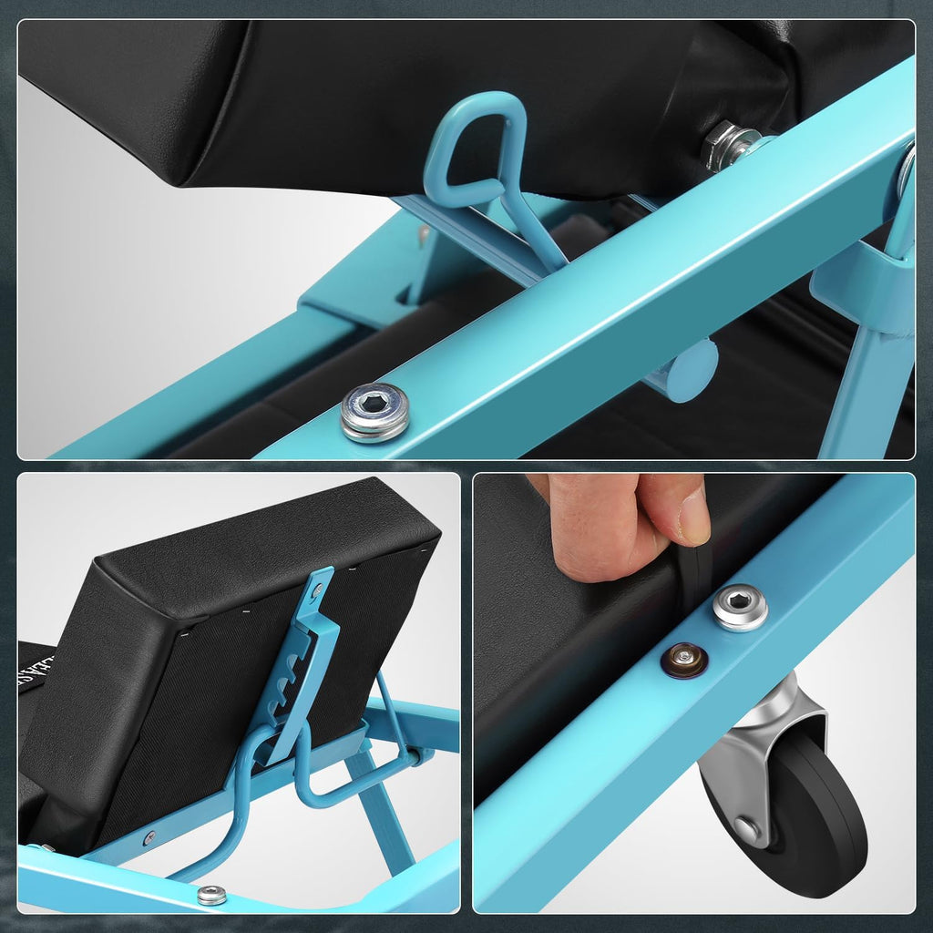 DNA MOTORING 48" 2 IN 1 Folding Rolling Garage Shop Creeper Roller Seat, 7 Pcs 2" Casters, 350 Lbs Weight Capacity, Tiffany Blue, TOOLS-00193-TB