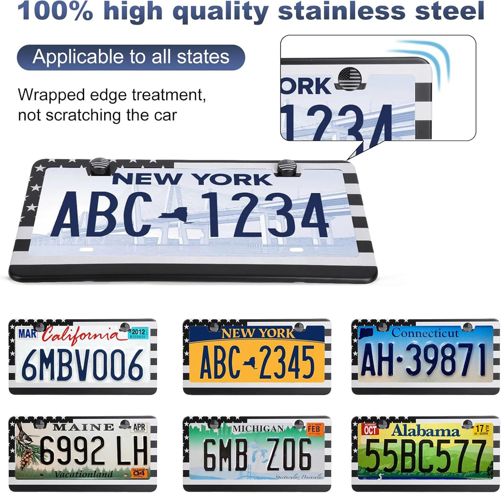 2 Pack License Plate Frames, Stainless Steel Car License Plate Cover Car Accessories with Screw Caps (Grey and Black)