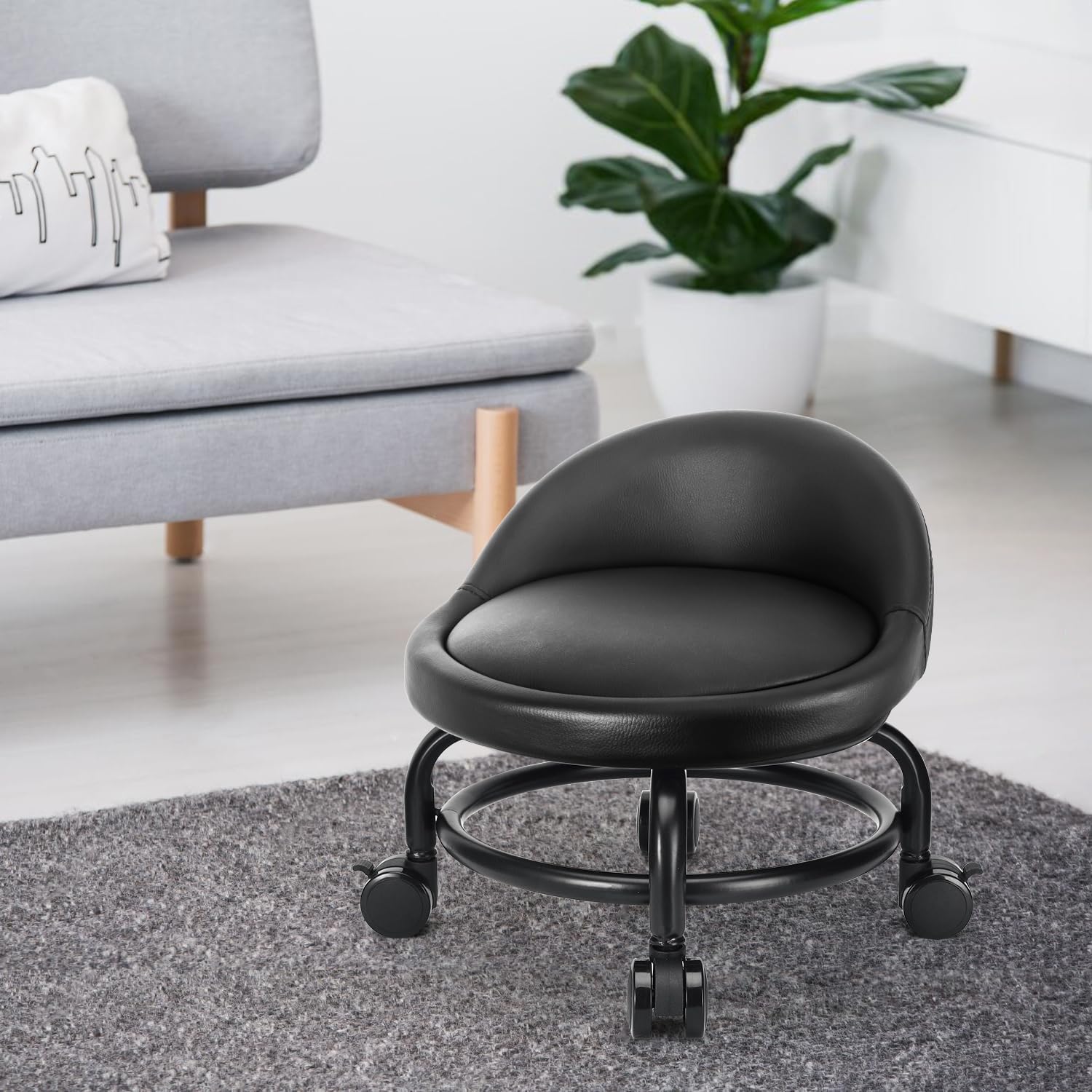 Rolling Stool with Backrest Low Height Rolling Stools, Low Roller Stool Chair, Roller Seats for Home, Office, Garage, Shop, Library