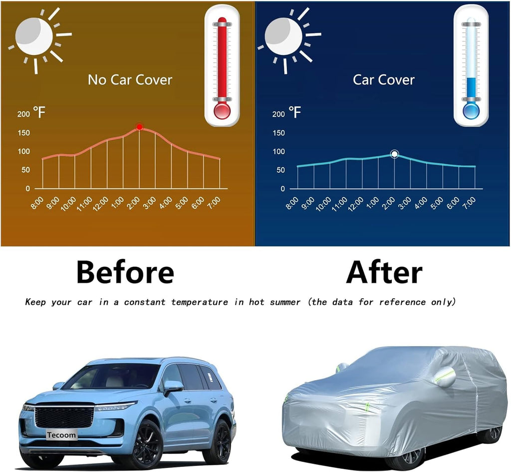Tecoom Light Shell Breathable Material Classic Zipper Design Waterproof UV-Proof Windproof Car Cover with Storage and Lock for All Weather Indoor Outdoor Fit 191-205 Inches SUV