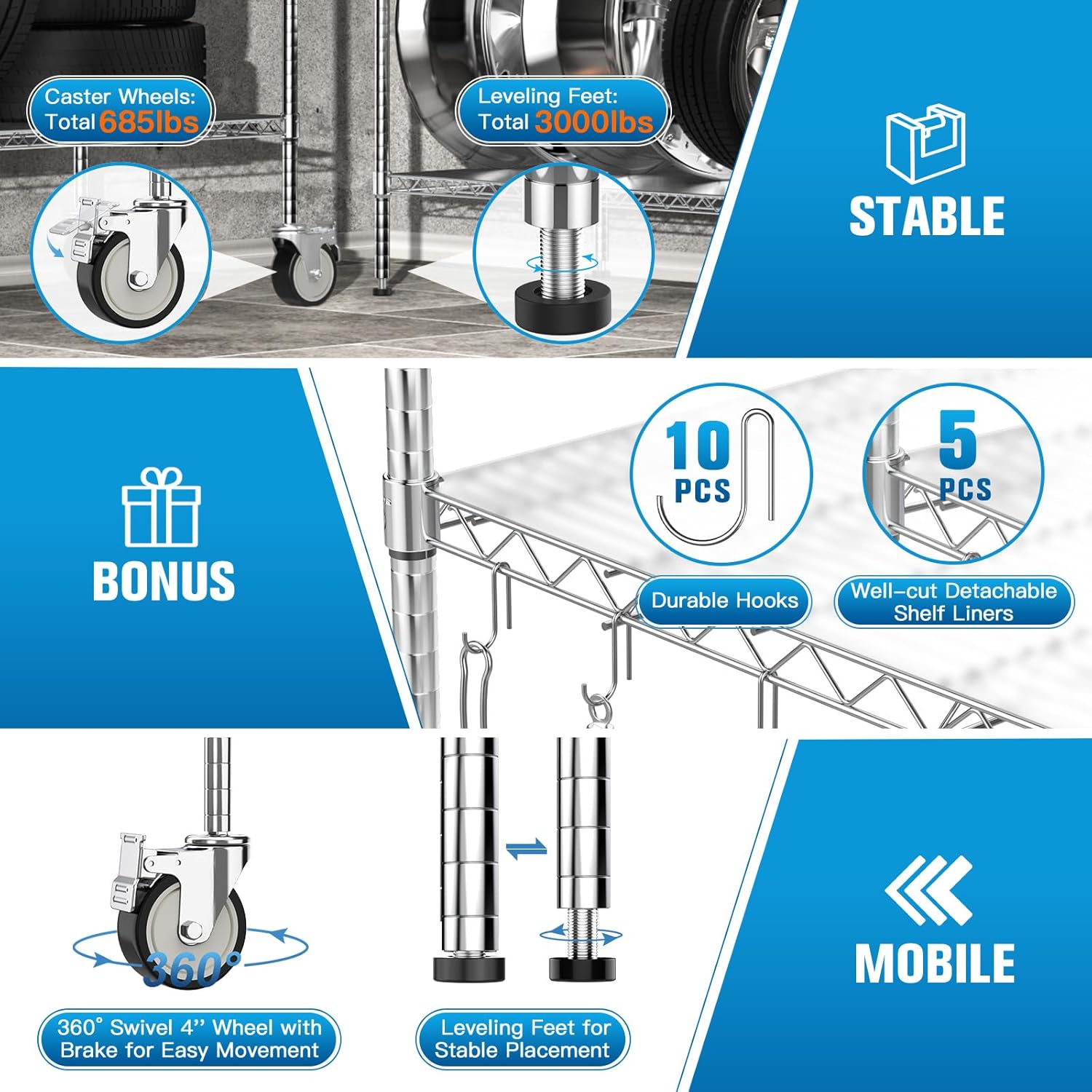 Wire Shelving with Wheels, 48x18x72 Inch, 3000 Lbs Storage Shelves Heavy Duty, Commercial-Grade Adjustable Utility Shelf, NSF-Certified Metal Storage Rack with Shelf Liners, 5-Tier, Chrome