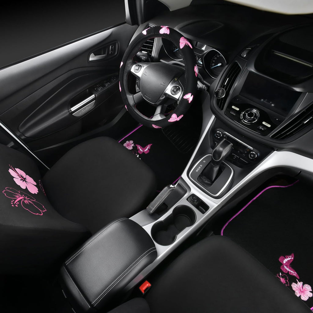 CAR PASS Universal Cloth Butterfly Car Seat Covers Full Set, Embroidered Flower Waterproof Car Floor Mats Carpet, Butterflies Steering Wheel Cover for Car Accessories Interior Sets (Black and Pink)