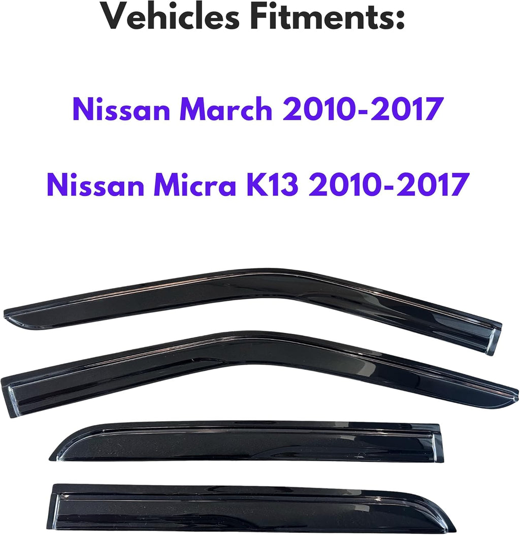 KPY Window Visor Compatible with Nissan March 2010-2017, Nissan Micra K13 2010-2017, 4PC Rain Guard Side Window Vent Deflectors Tape-On Mugen Style, 2010 2011 2012 2013 2014 2015 2016 2017