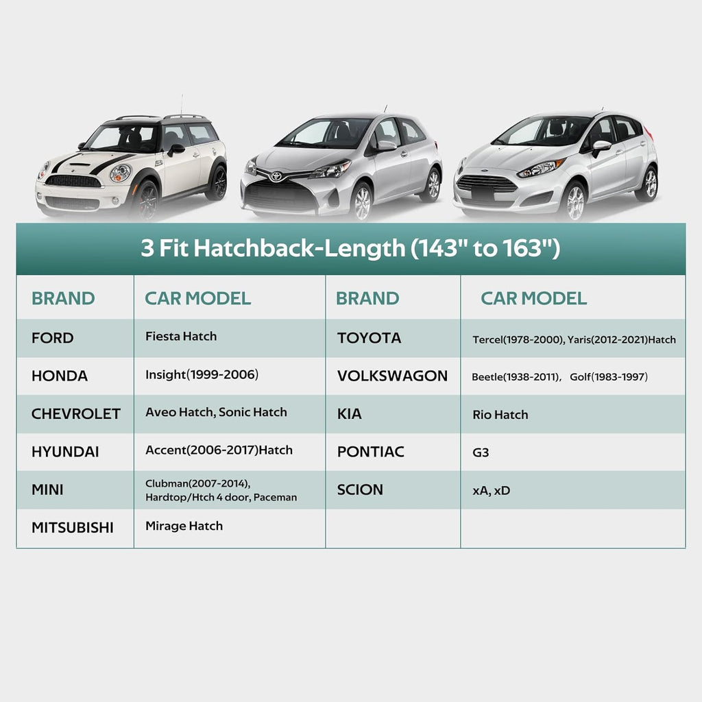 Car Covers for Hatchback Waterproof All Weather, Universal Fit for Mini Cooper, Toyota Yaris, Kia Rio, Mirage, Ford Fiesta, Rain Winter Sun Protection. (Length: 143"-163")