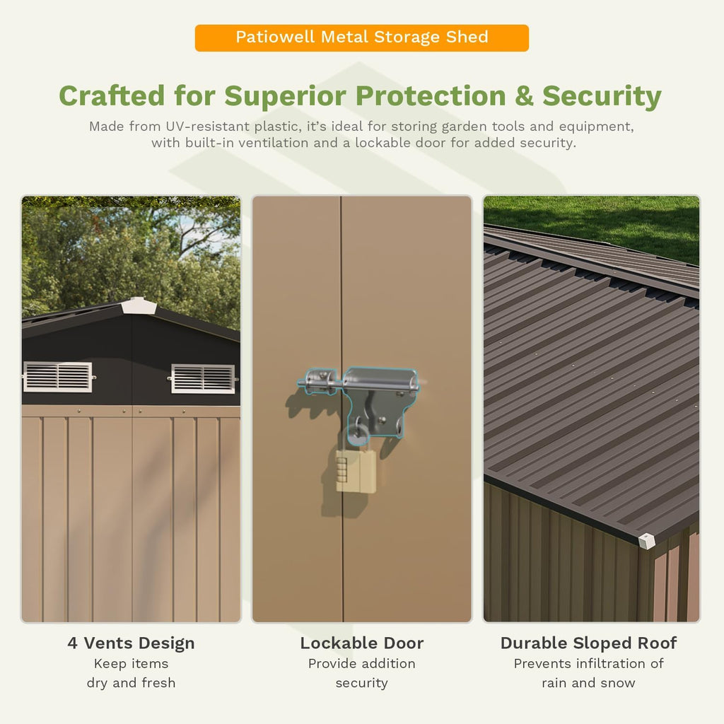 Patiowell 10 x 12 FT Metal Storage Shed for Outdoor, Steel Yard Shed with Design of Lockable Doors, Utility and Tool Storage for Garden, Backyard, Patio, Outside use,Brown