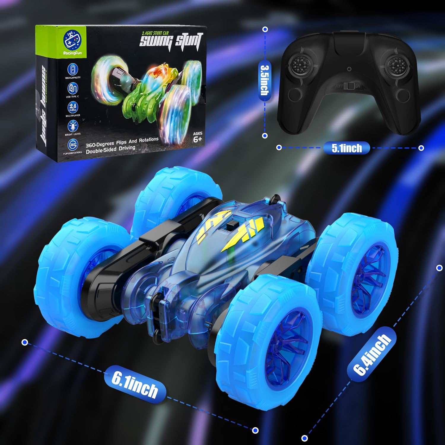 Remote Control Car,Stunt RC Cars for Kids with Colorful Light,Fast USB-C Charging,Double-Sided 360° Rotating Rechargeable 4WD RC Truck Car Toys for Ages 5-7 Gift for Boys Girls Ages 8-12(Blue)