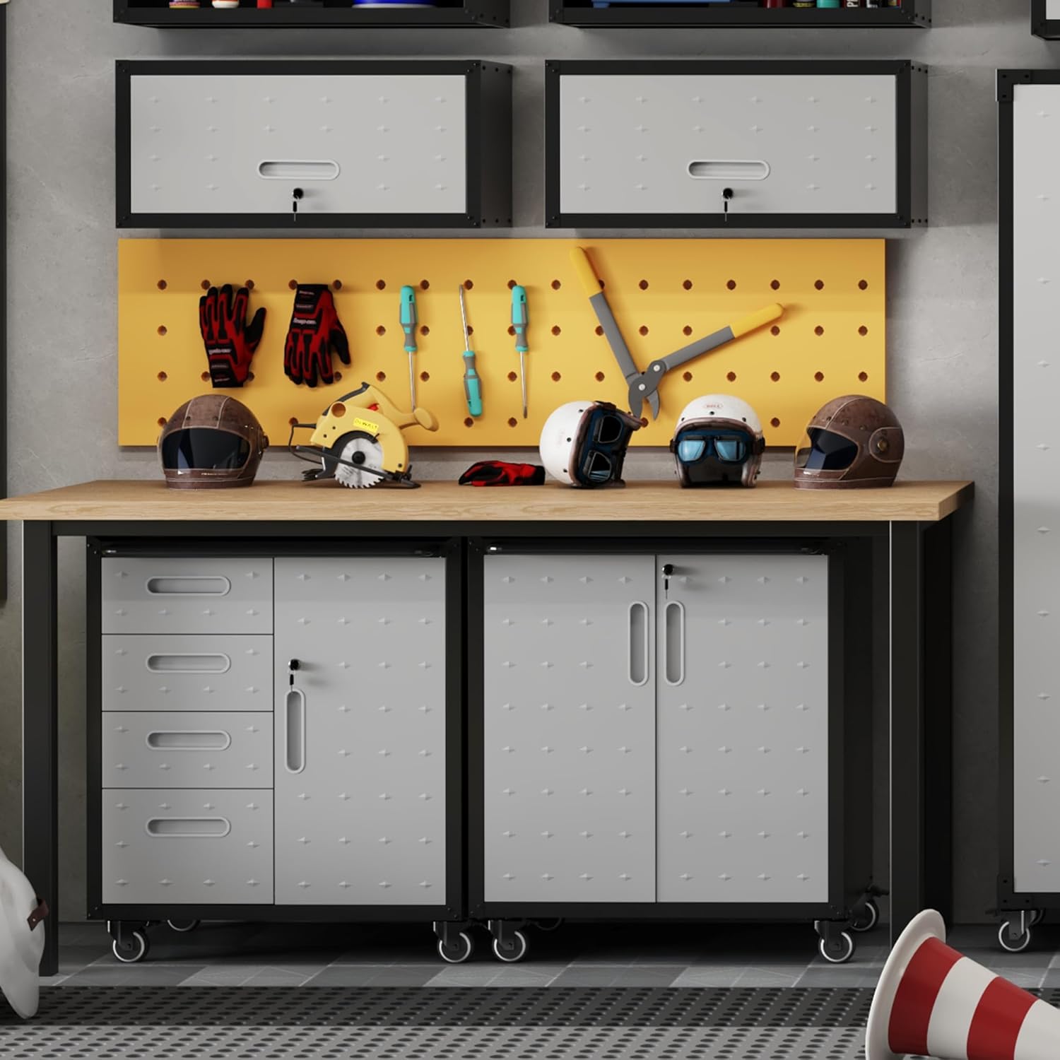 Metal Tool Cabinet,Garage Storage Cabinet System,Wall Cabinet & Locking Rolling Tool Cabinet with Doors and Adjustable Shelves,Steel Tool Cabinets for Home,Office (2 Pcs-Styled, Black & Grey)