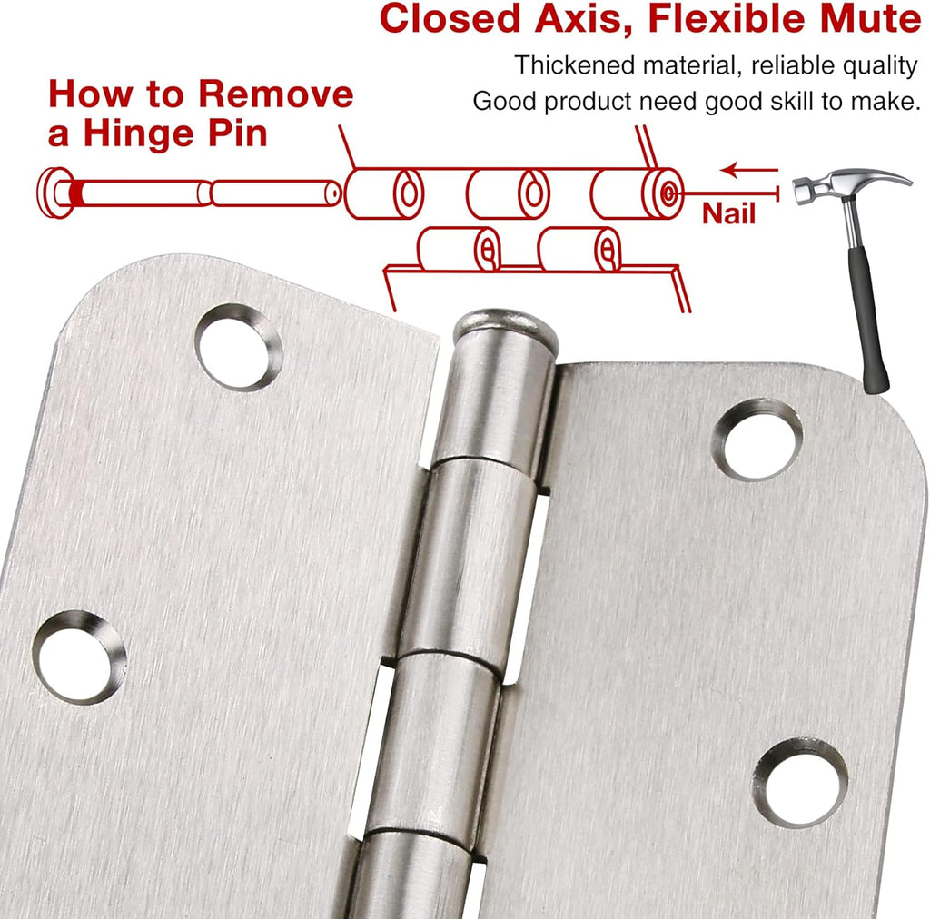 100 Pack Interior Door Hinges Brushed Nickel 3.5 inch x 3 1/2" 5/8" Round Residential Bi-fold Bedroom Standard Hinge for Wood Single/Double Bedroom Doors Silver House Hardware Kit Controls 3 ½"