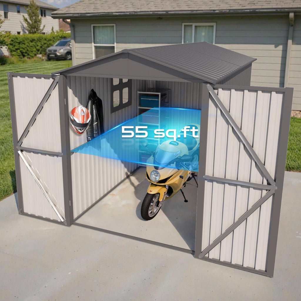 5’ x 10’ Motorcycle Storage Sheds, Metal Shelter & Garage with Windows and Lockable Door Handle, Heavy Duty Vehicle Shed for All Weather, Anthracite