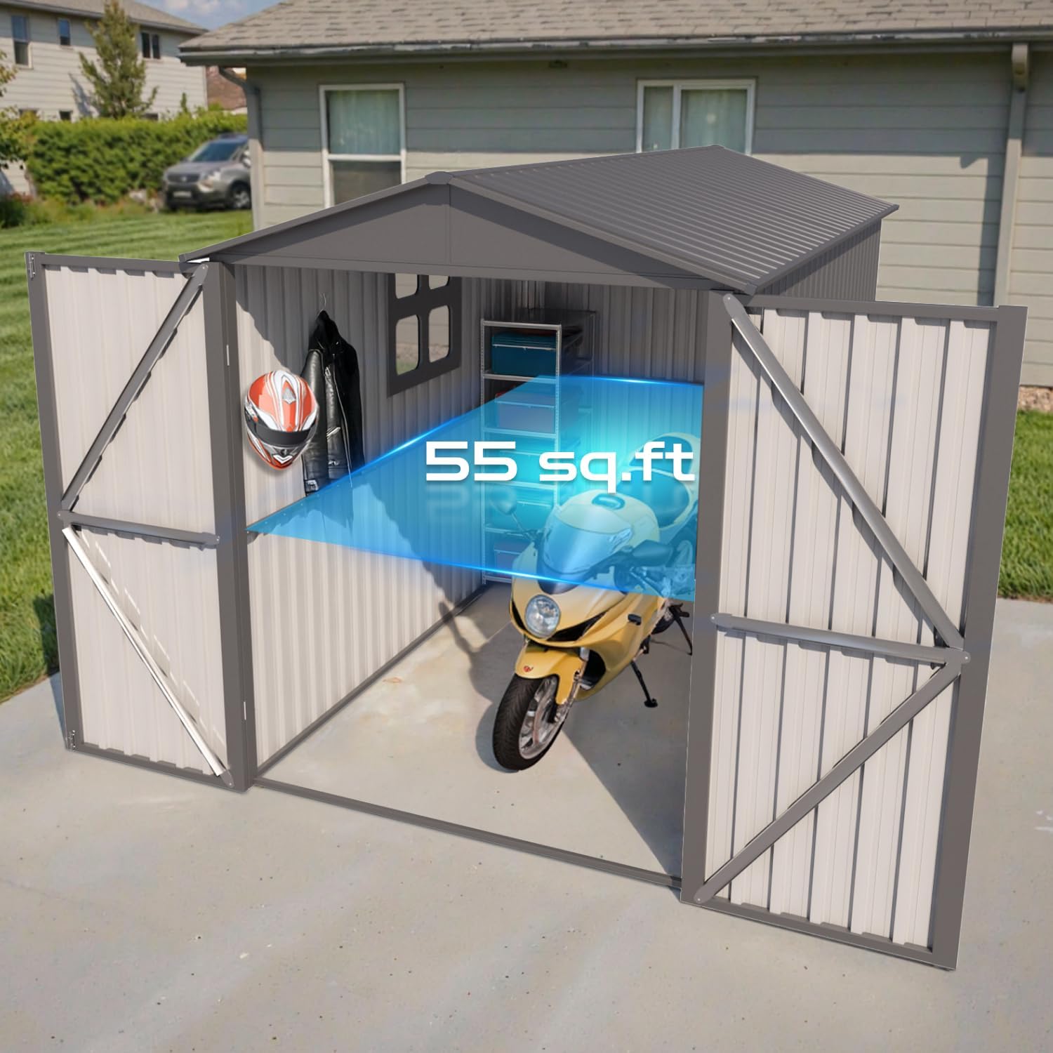 5’ x 10’ Motorcycle Storage Sheds, Metal Shelter & Garage with Windows and Lockable Door Handle, Heavy Duty Vehicle Shed for All Weather, Anthracite