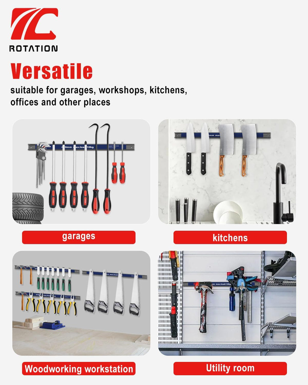 ROTATION 18.5" Magnetic Tool Holder - Heavy Duty Garage Workshop Organizer, Strong Magnet Strip for Wrenches & Screwdrivers, with Mounting Hardware