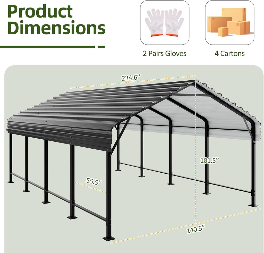 JAMFLY Carport, 12X20 FT Metal Carports, Heavy Duty Carport Canopy with Galvanized Steel Roof and Frame, Metal Car Garage Upgraded Extra Large Garage for Pickup, Boat, Car and Tractors