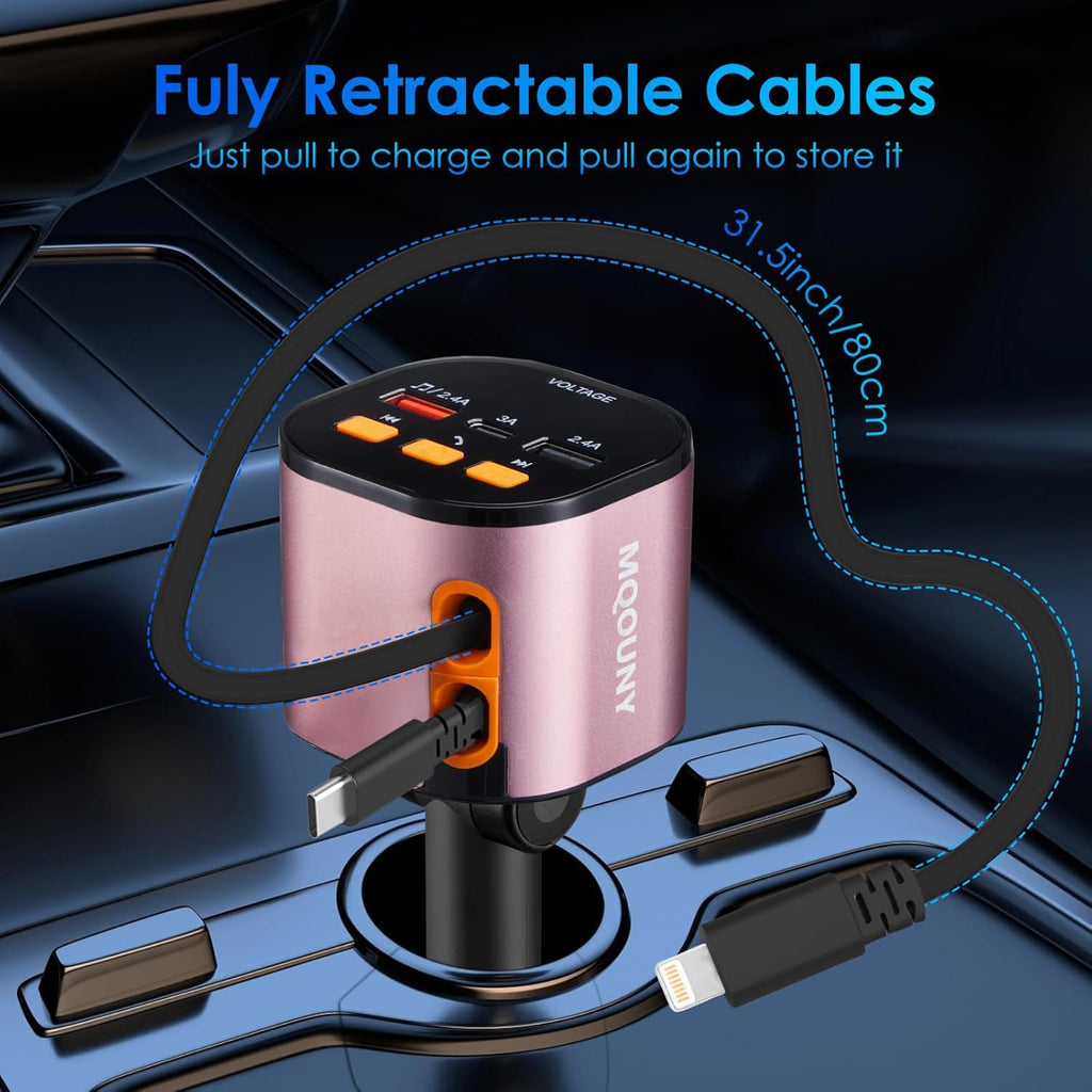 Retractable Car Charger,5 in 1 Fast Car Phone Charger 90W,Bluetooth 5.3 FM Transmitter Adapter,Handsfree Call,2 Retractable Cables and USB Cars Chargers for iPhone 15/14/13 (Pink)