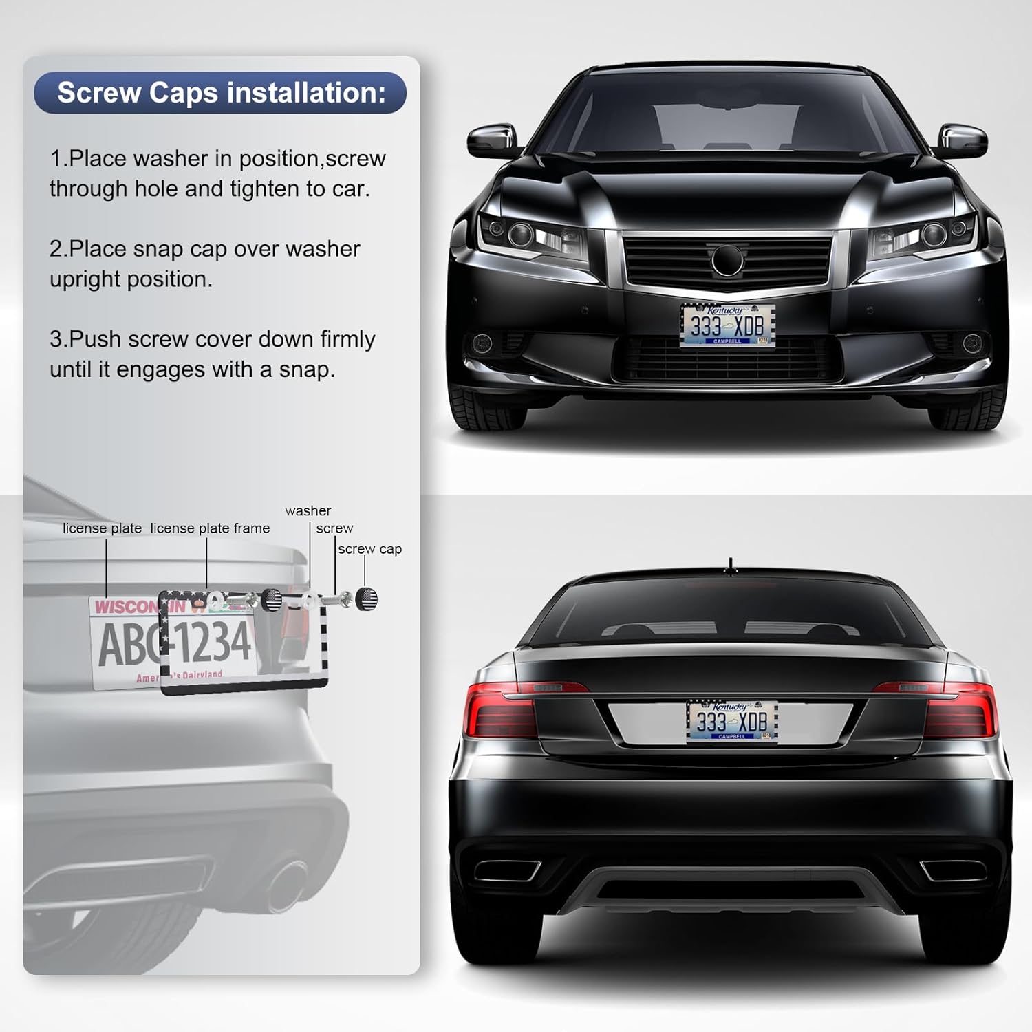 2 Pack License Plate Frames, Stainless Steel Car License Plate Cover Car Accessories with Screw Caps (Grey and Black)