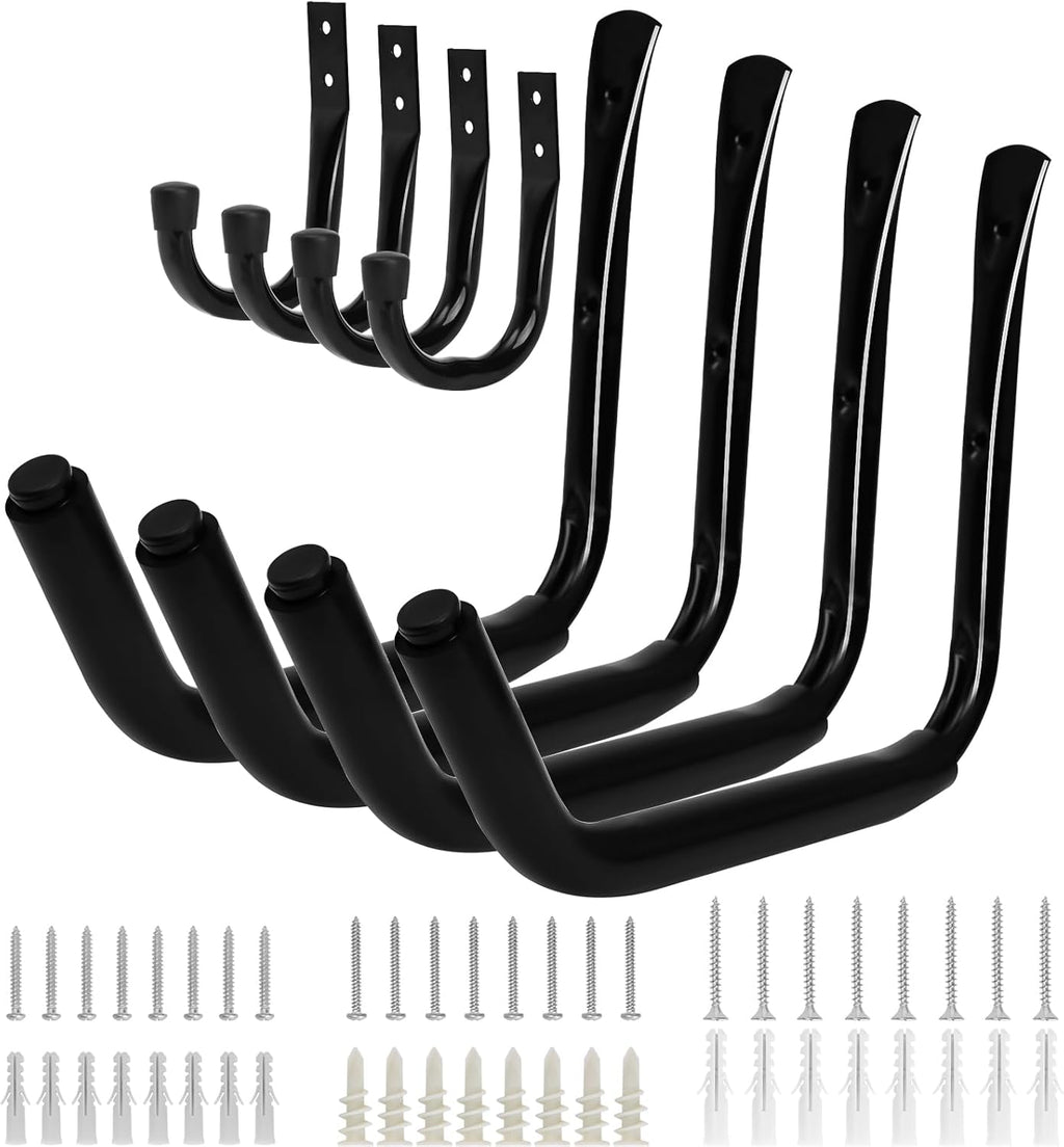 KURUI Heavy Duty Kayak Storage Rack, 100 LB (15") Wall Mount Hooks for Hanging Indoor/Outdoor, 8 Pack Large Garage Hooks for Ladder Kayaks Surfboards, Black Organization Hangers, Kayak Accessories