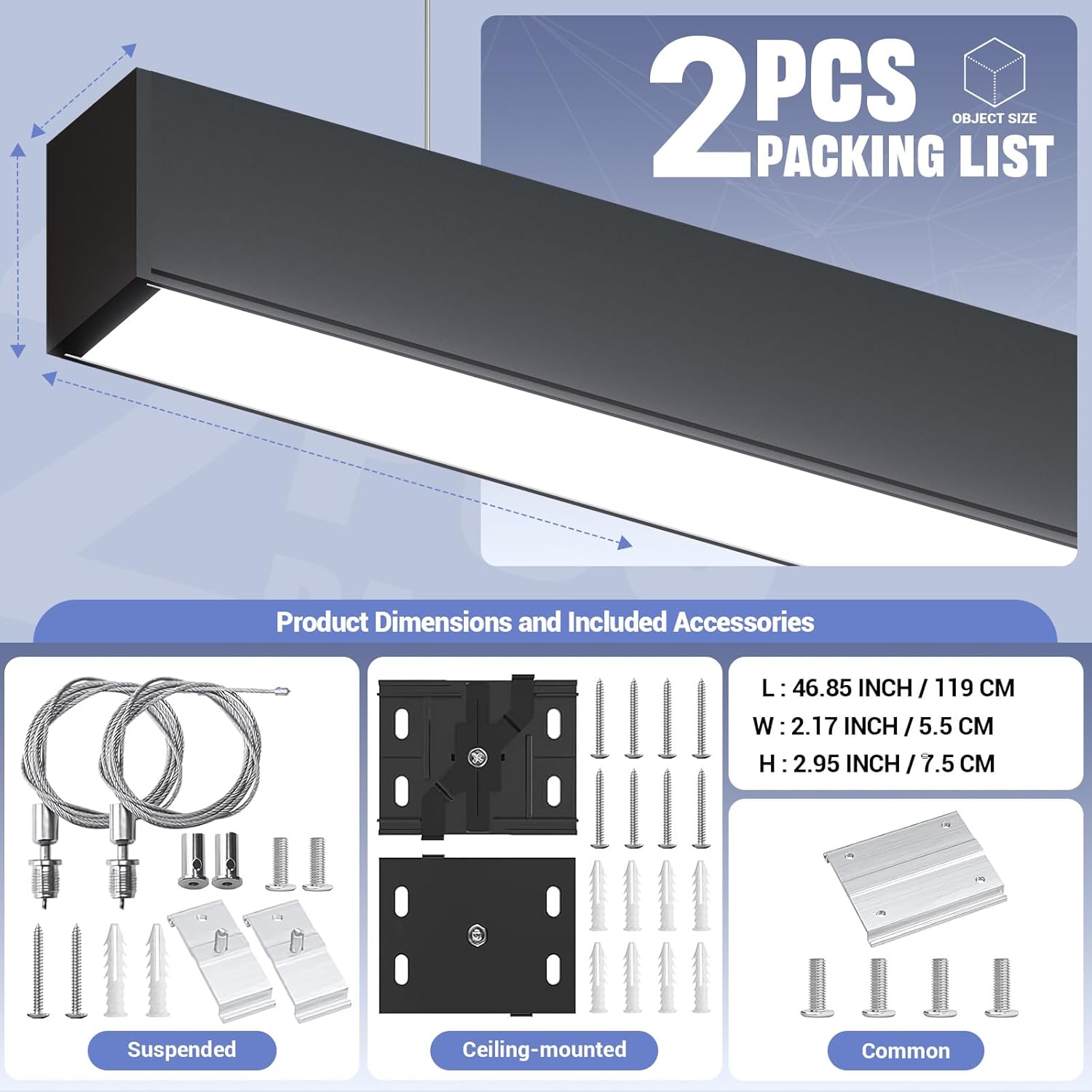 4FT LED Linear Light,50/45/40/35/30W Up and Down Light, 3000/4000/5000K CCT,Commercial and Residential Linear Lights Fixture for Office,Pendant Lights for Home,Shop,Garage,School-2Pack