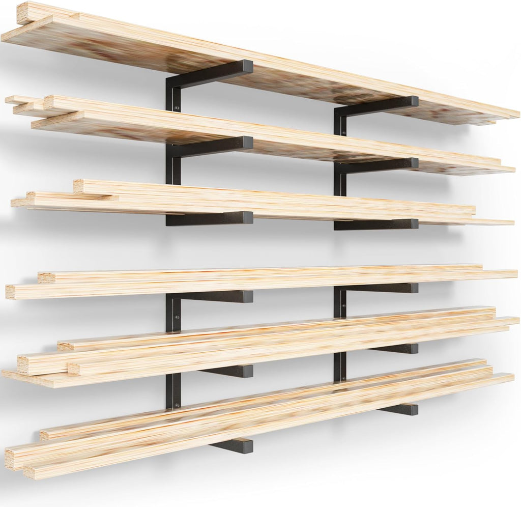 YYR Wood Organizer and Lumber Storage Rack Wall Mount, Heavy Duty Metal Shelf with 6-Level Holds Up 1200 LBS, Indoor & Outdoor Use - Black