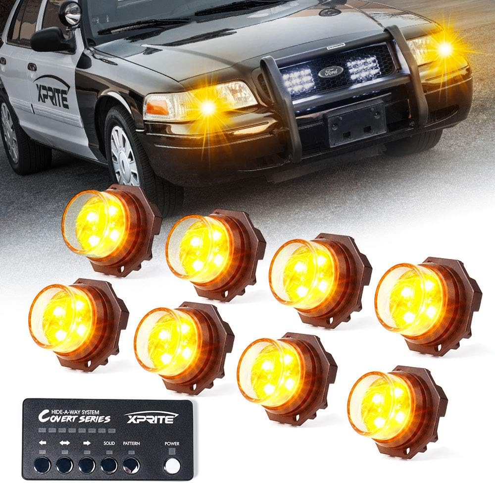 Xprite Amber LED Hideaway Strobe Lights Kit 20 Flashing Patterns w/Control Panel Headlights Taillights Fog Light Mounting, for Roadside Emergency Vehicles Trucks SUV Vans Cars UTV ATV 8 PCs