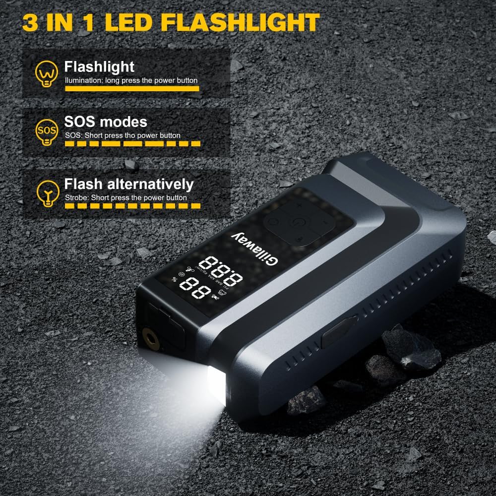 7-in-1 Jump Starter 6000A Car Jumper Starter Portable with 150PSI Portable Air Compressor, 12V Car Battery Charger, Tire Inflator, Flashlight, Power Bank