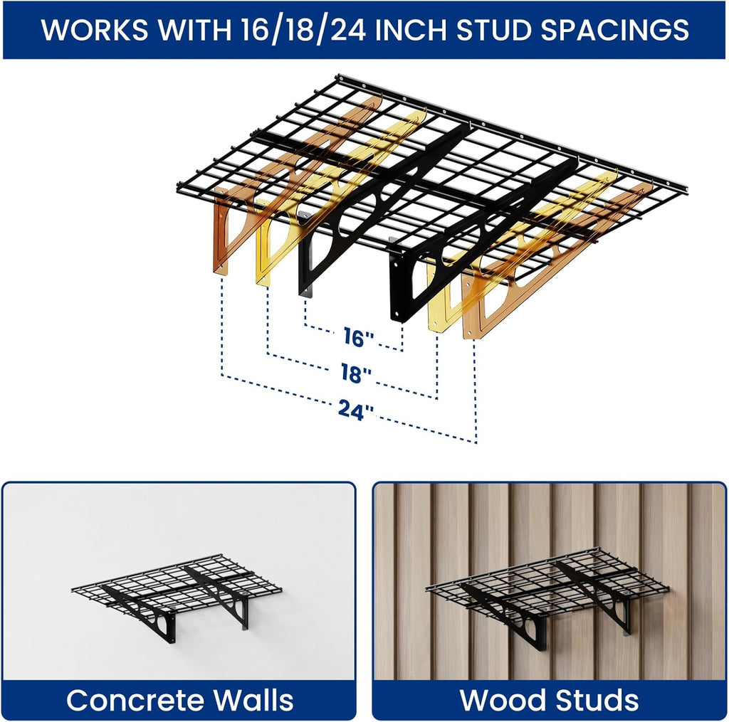 FLEXIMOUNTS 2-Pack 2x6ft Garage Shelving with Hooks, 24-inch-by-72-inch Wall Shelf Garage Storage Racks Floating Shelves, Black
