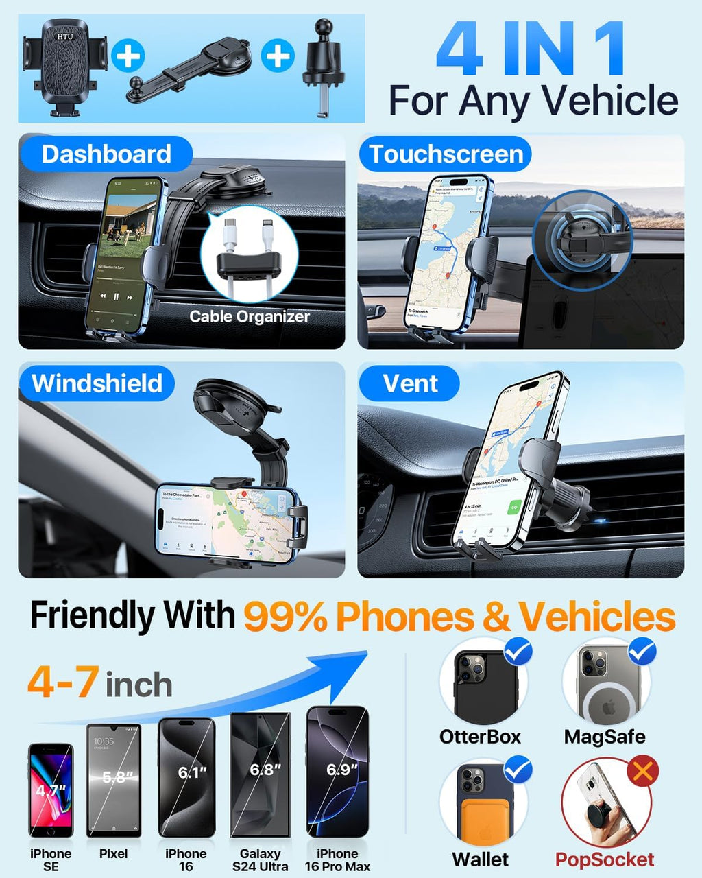 HTU Upgraded Strongest Suction Car Phone Holder Bendable Arm, Never Block View Rotatable Cellphone Mount for Dashboard Windshield Vent, Cradle Stand for iPhone 16 15 14 13 12 Pro Max (Black)