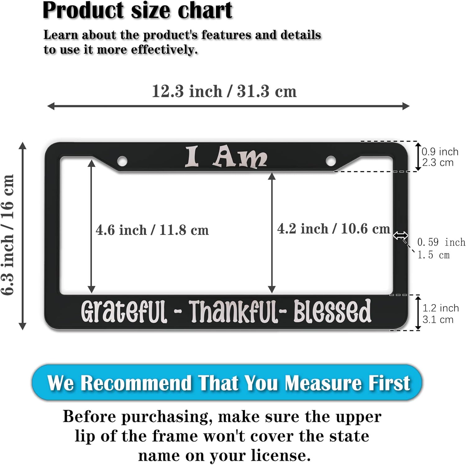 License Plate Frames Black and White Front License Plate Bracket I Am Grateful Thankful Blessed Aluminum Metal Car Accessory 2 Pack with Screw Covers Set