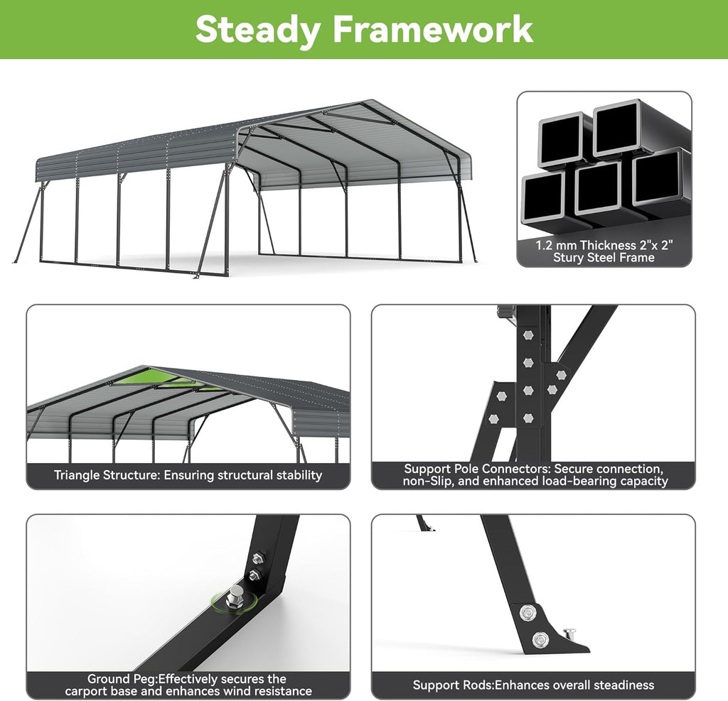 Real Relax 20x20ft Heavy Duty Metal Carport with Galvanized Steel Roof, 4 Support Legs, Outdoor Car Port Shelter for 2 Cars, Trucks and Boats