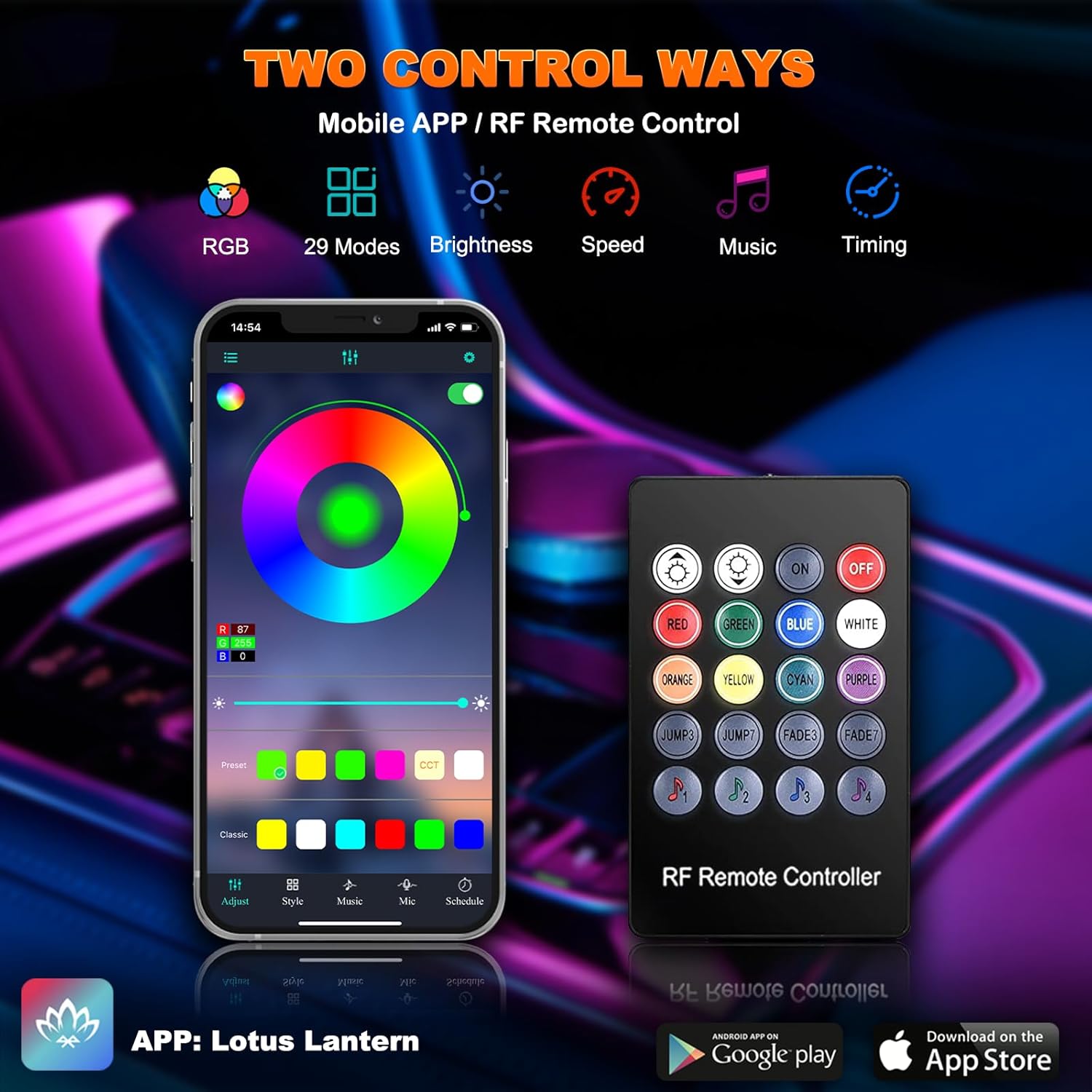 Interior Car LED Strip Lights with Wireless APP and Remote Control, RGB 5 in 1 Ambient Lighting Kits with 236 inches Fiber Optic, 16 Million Colors Car Neon Lights, Sync to Music