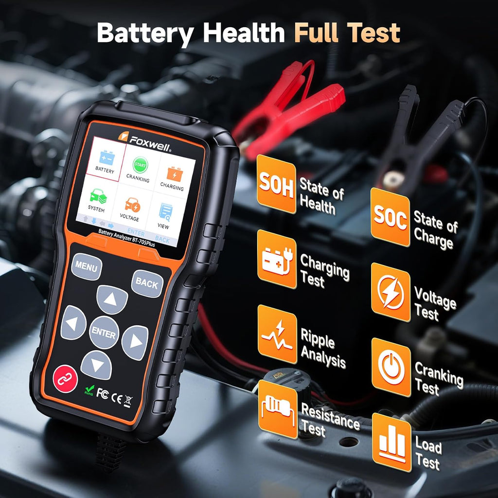 FOXWELL BT705 Plus Car Battery Tester 12V 24V Automotive, 100-2000CCA Battery Load Tester Digital Battery Analyzer Charging System Alternator Tester Cranking Checker for Car Heavy Duty Truck Marine