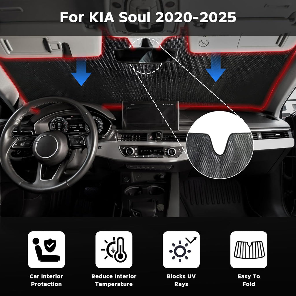 Windshield Sun Shade for KIA Soul 2020-2025 - 5-Layer Bubble Foldable Front Window Shade Sun Visor Accessories - Blocks Heat & UV Rays