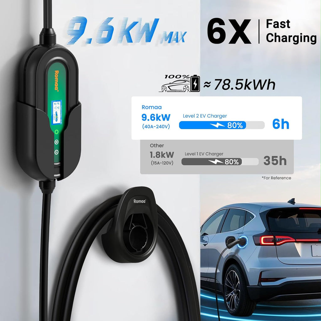 Romaa Level 2 EV Charger Portable Level 2 with 40A, 240V, NEMA 14-50, 25ft Cable, J1772 Charger, Adjustable Current, Delay Timer, EV Chargers for Home Level 2, App Control, FCC & ETL Certified