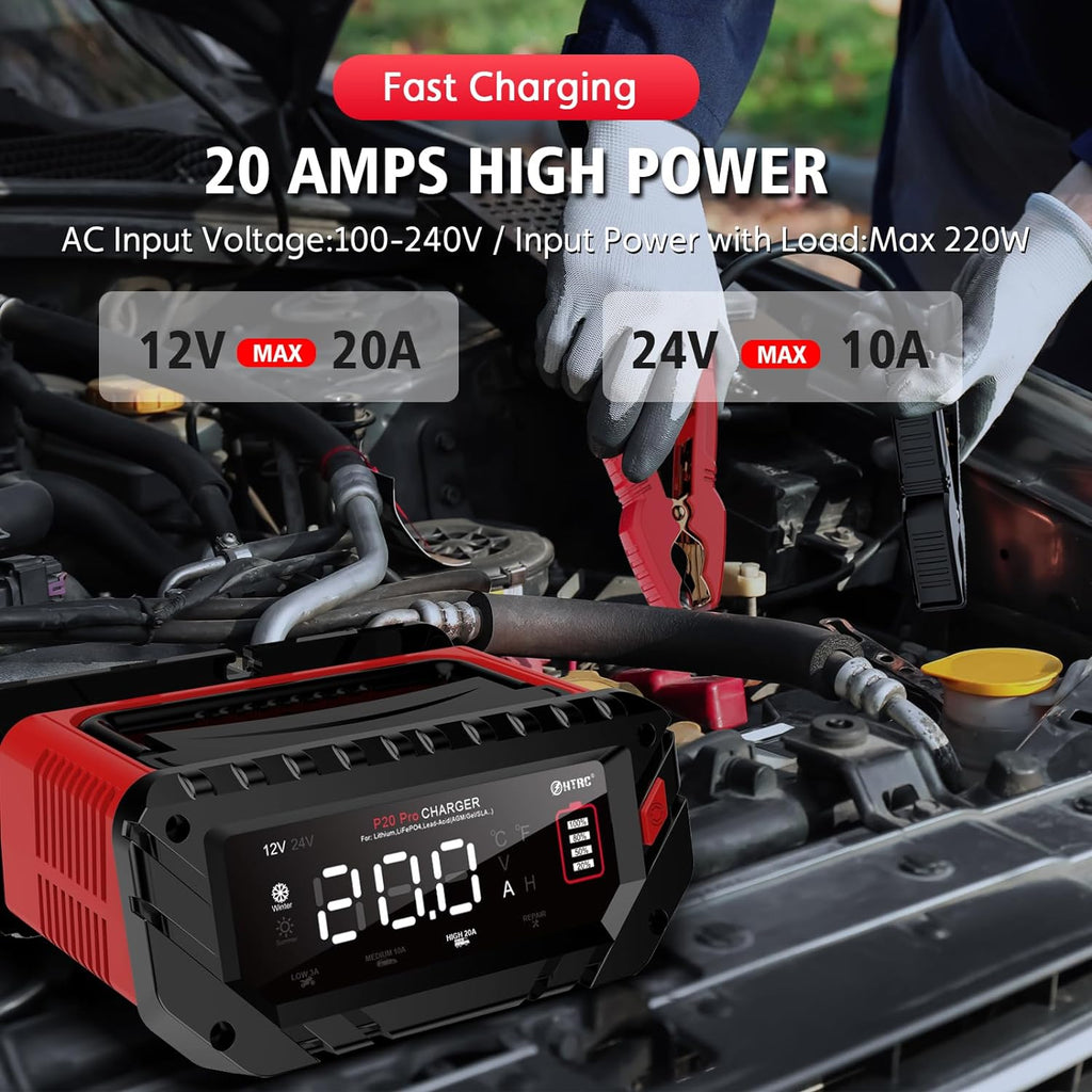 Lithium Lifepo4 Battery Charger,12V 24V AGM Deep Cycle Fully Automatic Car Battery Charger,12 Volt 24 Volt 20 amp Batetry Charger Automotive,Smart Trickle Charger