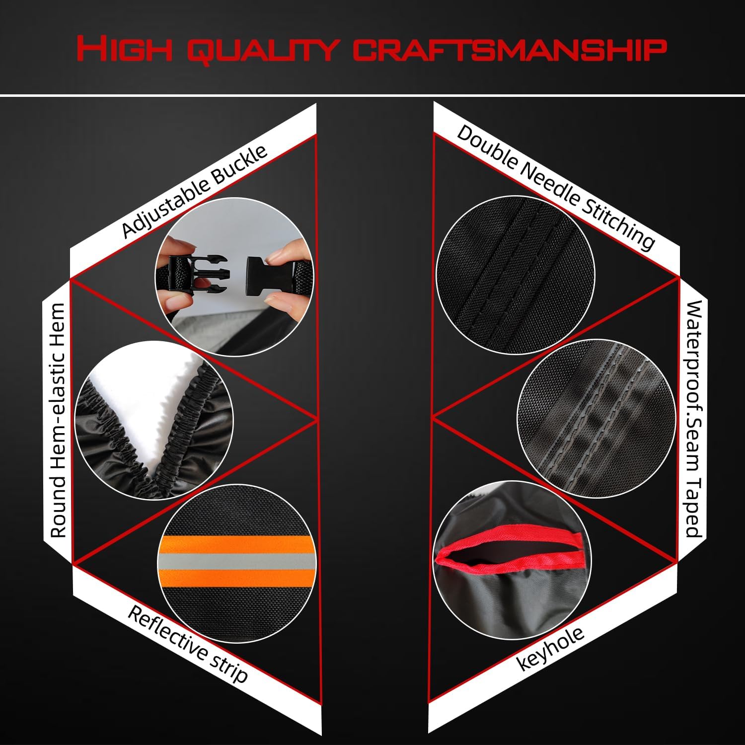 Motorcycle Cover, Heavy Duty 600D Oxford, Waterproof Outdoor, Weather Resistant, Rip-Proof, Anti-UV with 5 Reflective Strips, 2 Lock-Holes, 1 Windproof Strap, 1 Storage Bag (105" x 41" x 50")
