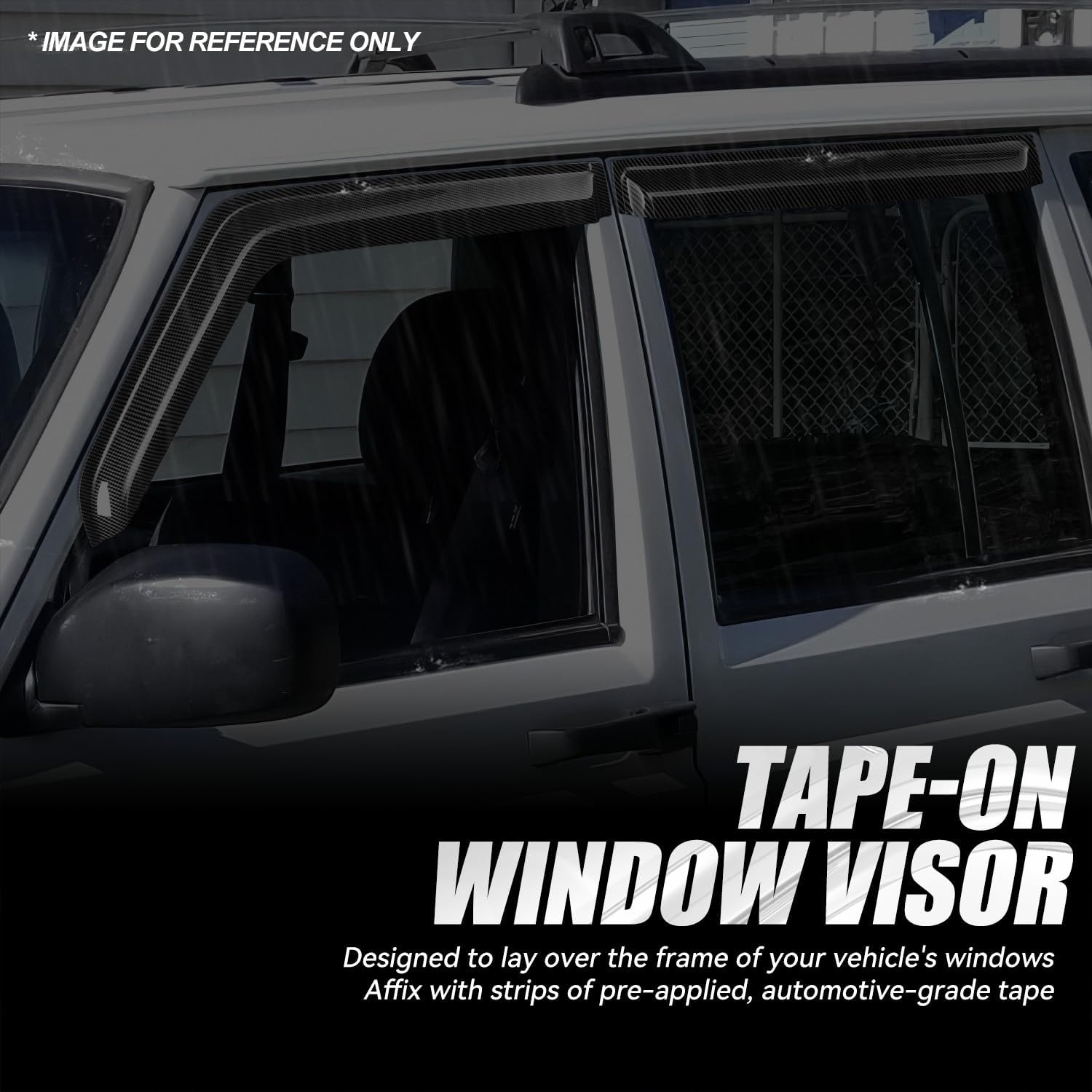 Auto Dynasty 4Pcs Carbon Fiber Pattern Window Visors Compatible with 1984-2001 Jeep Cherokee, Tape-On Front & Rear Window Deflectors Rain Guards Sun Wind Air Side Vent Shade, Glossy Black