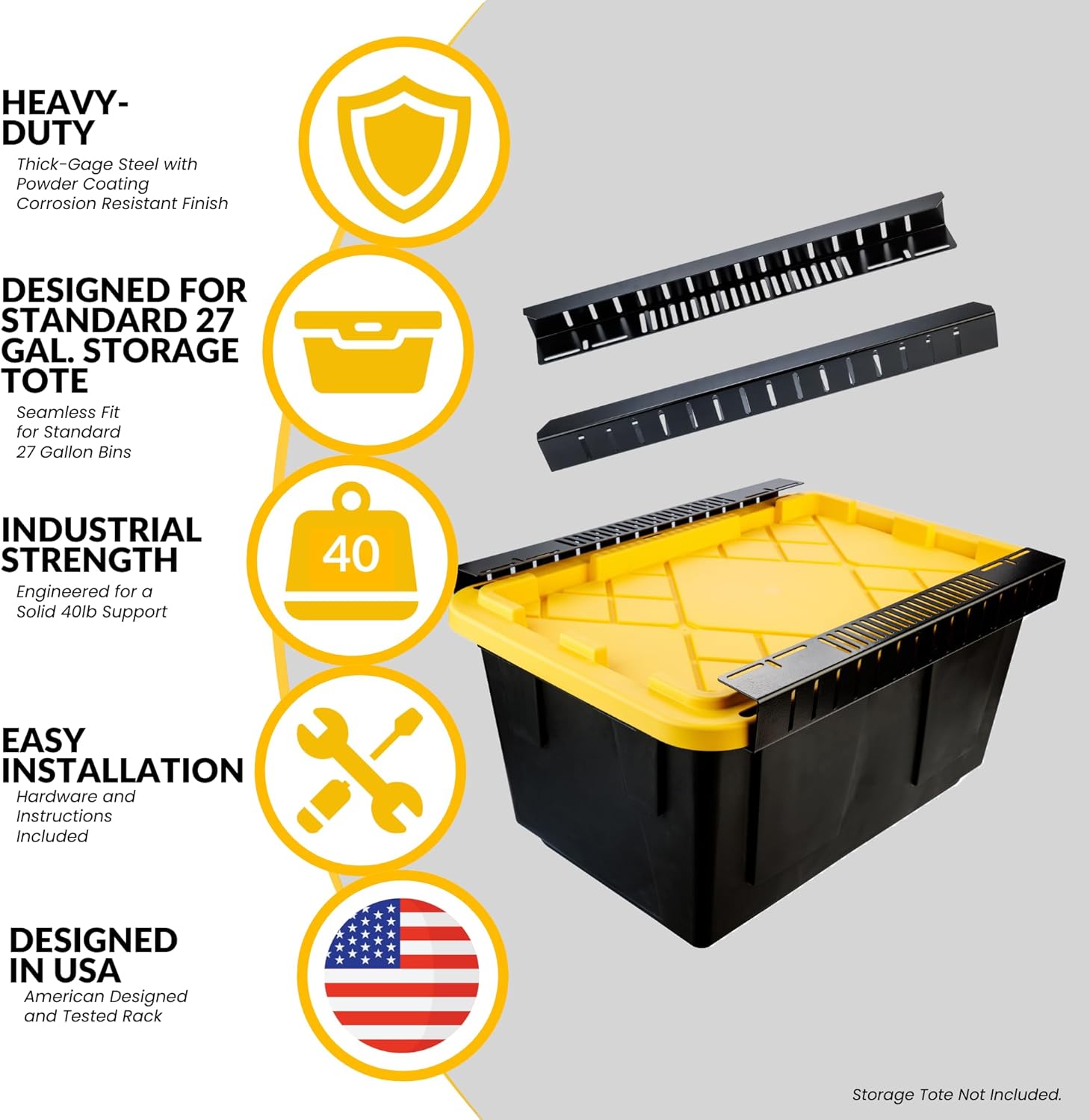 Overhead Bin Rack - Ceiling Mount Overhead Garage Storage Rack | Adjustable Width and Orientation | Heavy Duty Ceiling Bin Storage Rails | Fits Black & Yellow Storage Bins | USA Designed (2 Bins)