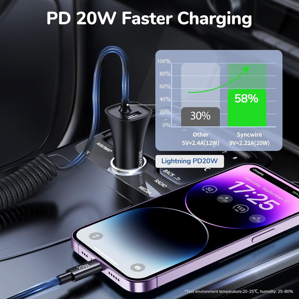 [Apple MFi Certified] Syncwire iPhone Car Charger 32W Super Fast Car Phone Charger Cigarette Lighter USB Car Adapter with Build-in 5FT Coiled Lightning Cable for Apple iPhone 14/13/12/11/XR/Max, iPad
